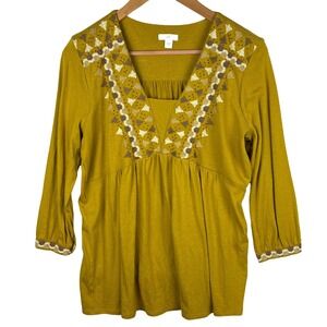 J Jill Women ¾ Sleeve Embroidered‎ Cotton Tunic Blouse Sz S Mustard Boho Comfort